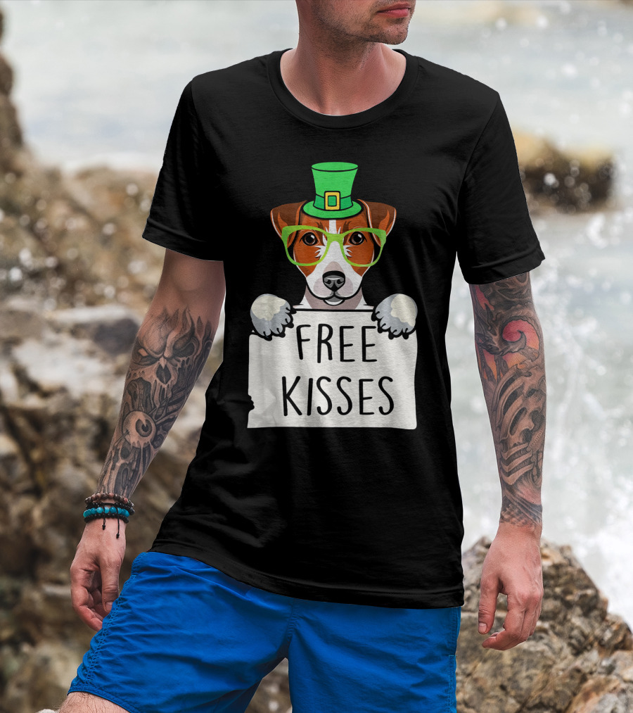 Free Kisses Jack Russell Dog St Patrick's Day Hat Glasses T-Shirt
