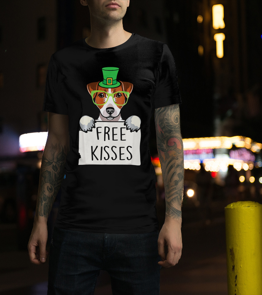 Free Kisses Jack Russell Dog St Patrick's Day Hat Glasses T-Shirt