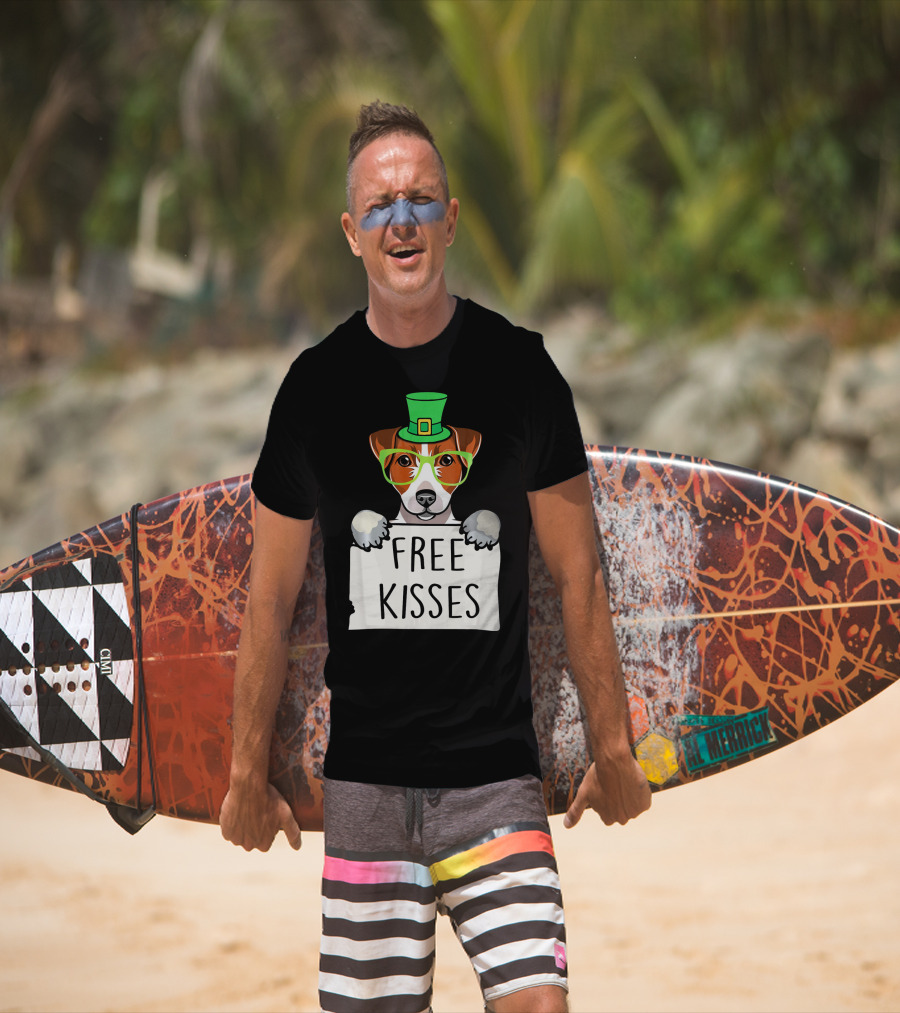 Free Kisses Jack Russell Dog St Patrick's Day Hat Glasses T-Shirt