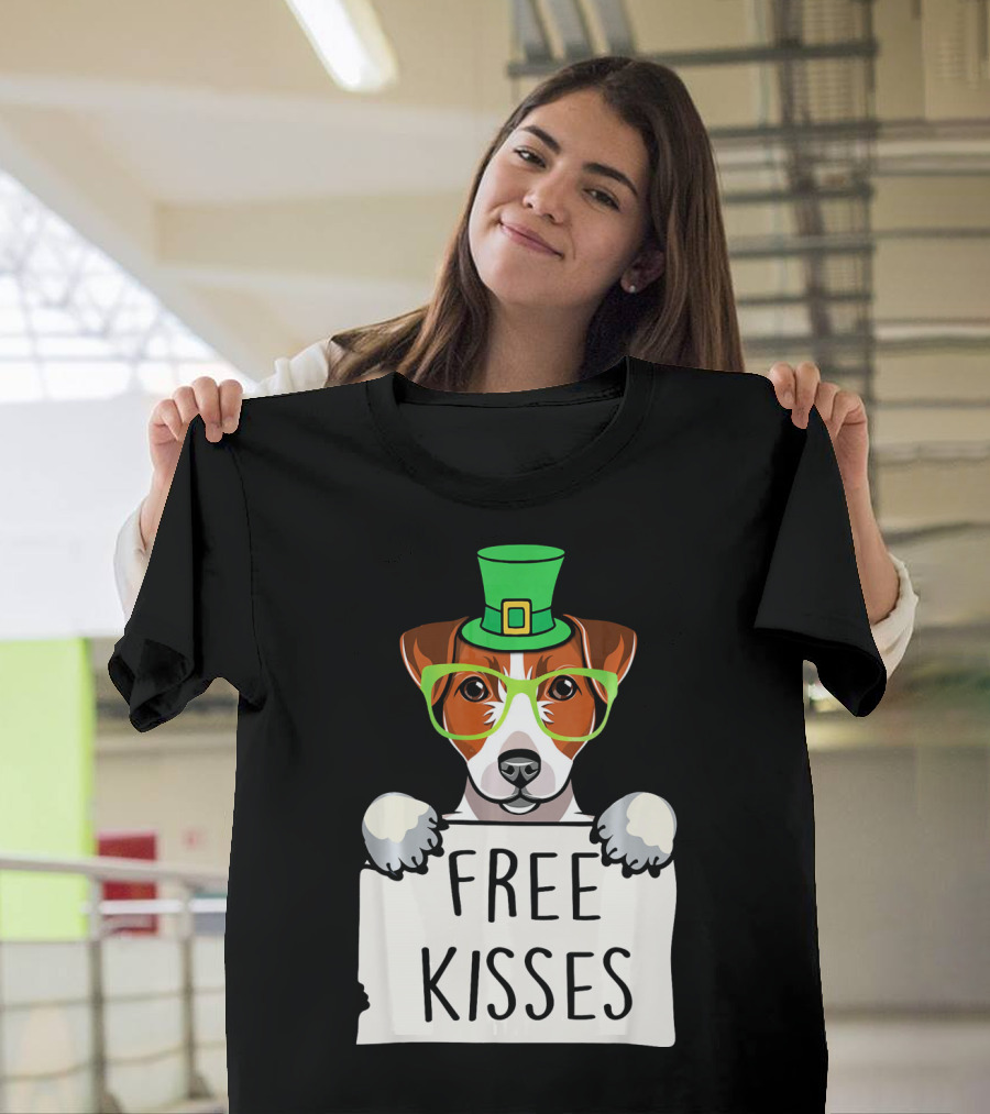 Free Kisses Jack Russell Dog St Patrick's Day Hat Glasses T-Shirt