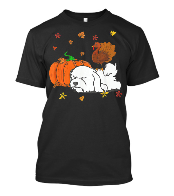 Maltese Dog Sleeping With Pumpkin Turkey And Autumn Leaves T-Shirt