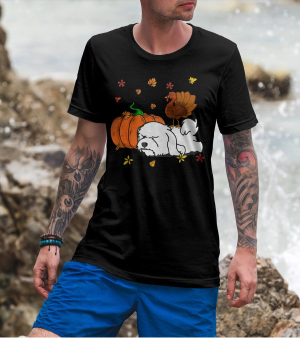 Maltese Dog Sleeping With Pumpkin Turkey And Autumn Leaves T-Shirt