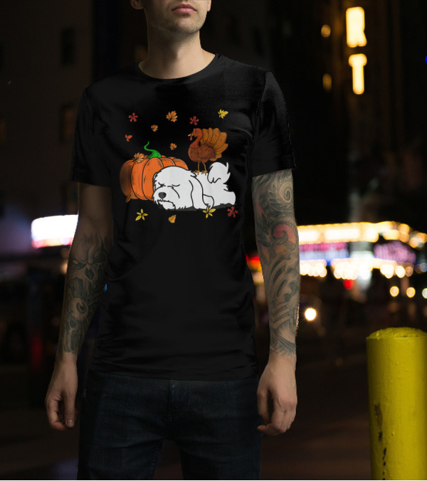 Maltese Dog Sleeping With Pumpkin Turkey And Autumn Leaves T-Shirt