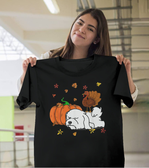Maltese Dog Sleeping With Pumpkin Turkey And Autumn Leaves T-Shirt