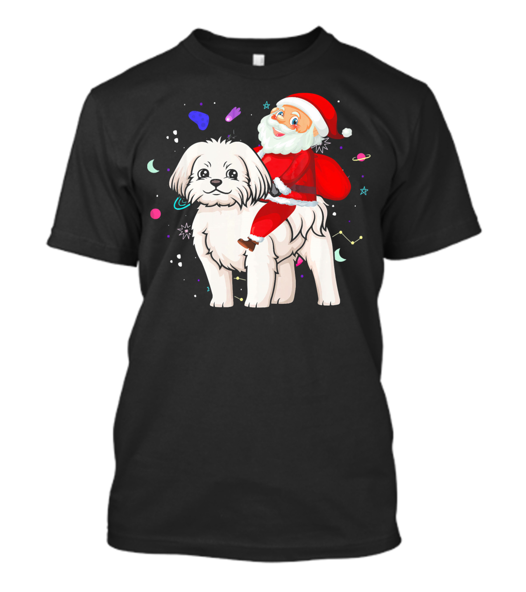Funny Christmas Santa Riding Maltese With Holiday Space Elements T-Shirt