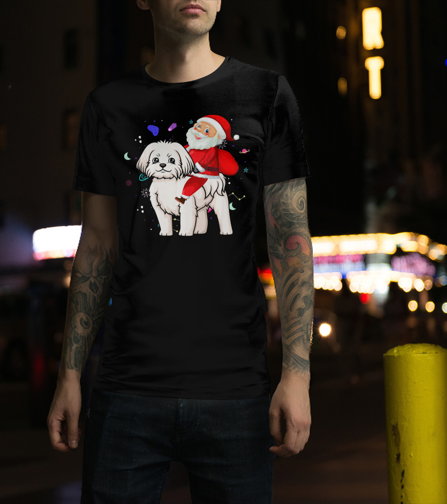 Funny Christmas Santa Riding Maltese With Holiday Space Elements T-Shirt