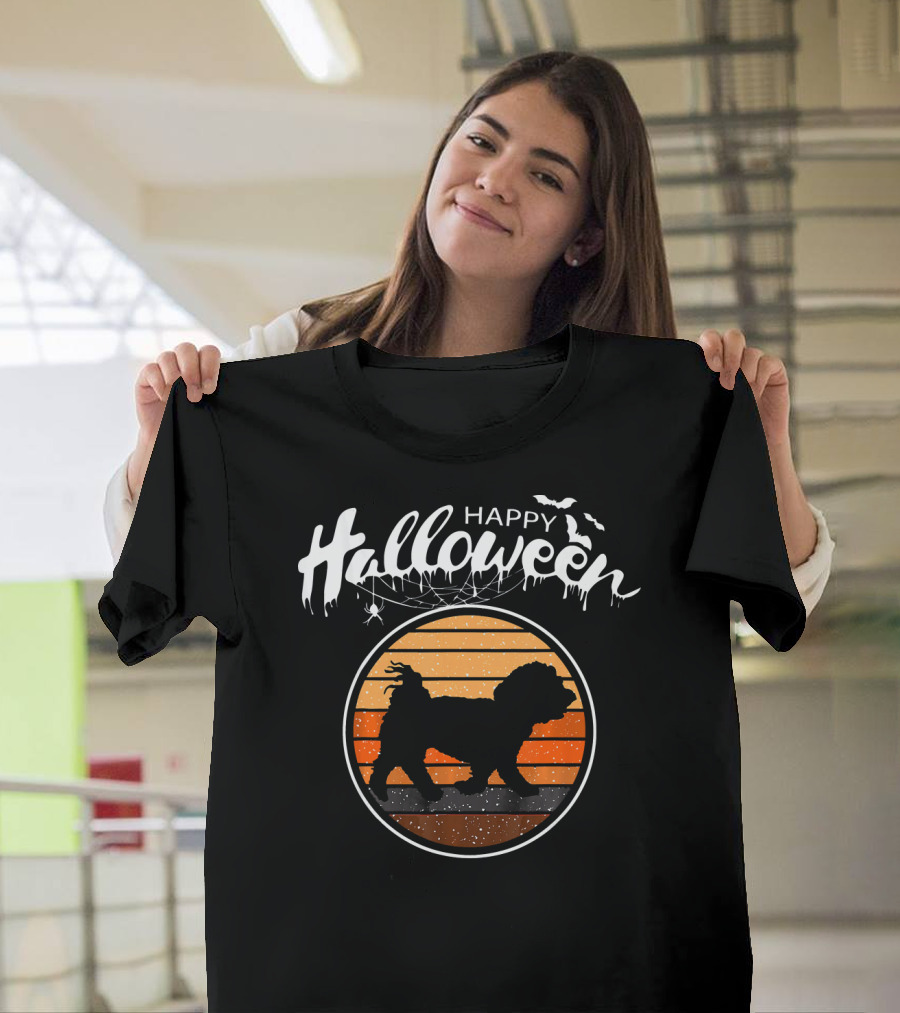 Happy Halloween Cute Maltese Silhouette Vintage Sunset T-Shirt