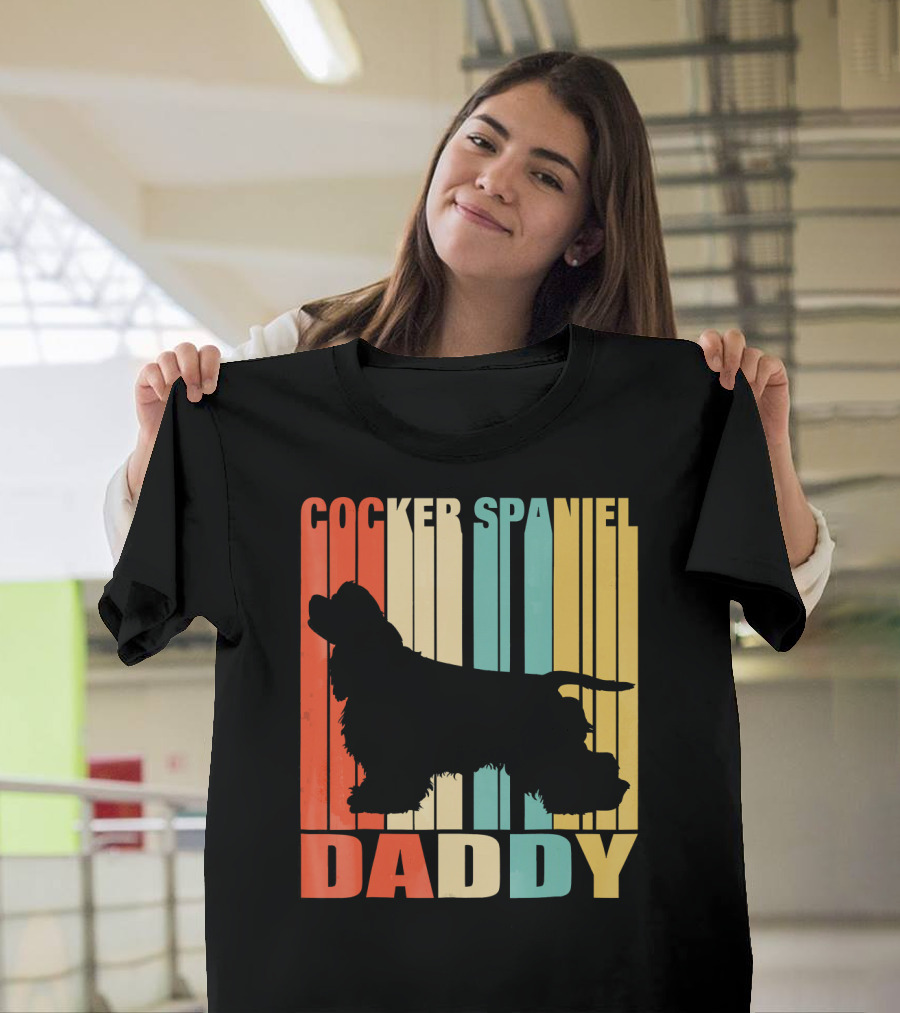 Cocker Spaniel Daddy Silhouette Retro Stripes T-Shirt