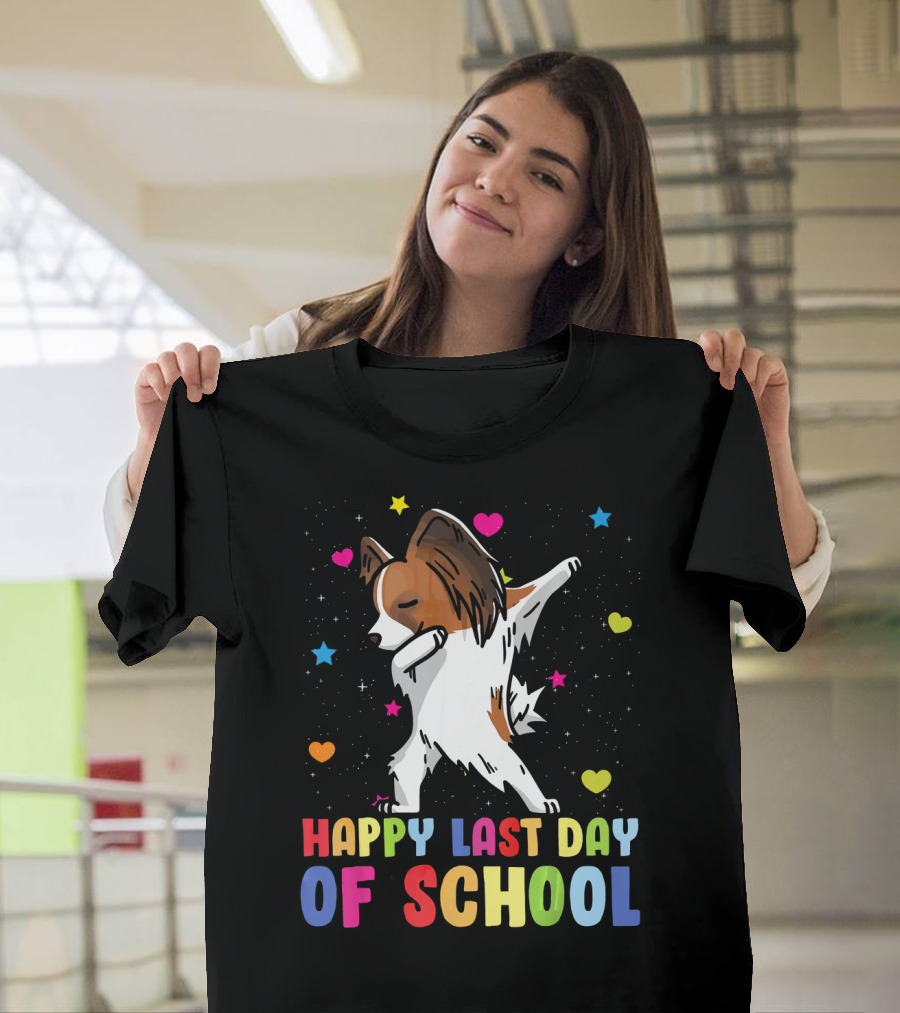 Dabbing Papillon Dog Happy Last Day of School T-Shirt