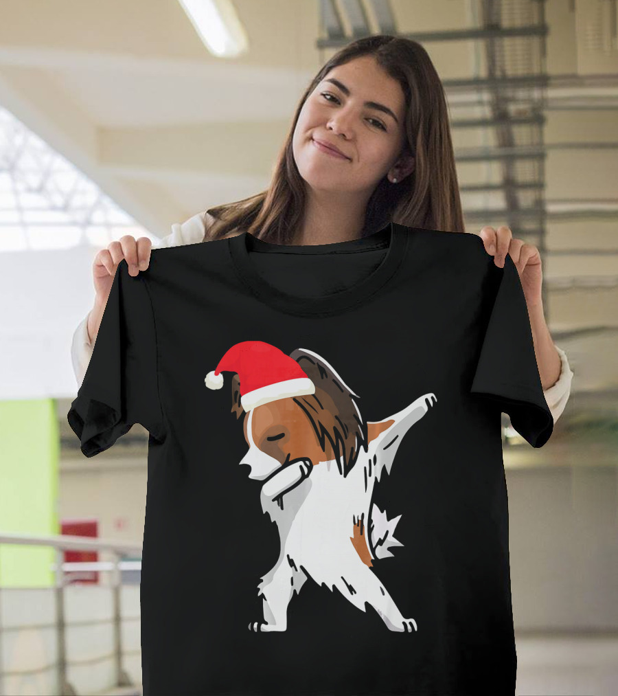 Funny Papillon Dog Dabbing Santa Xmas Chris T-Shirt