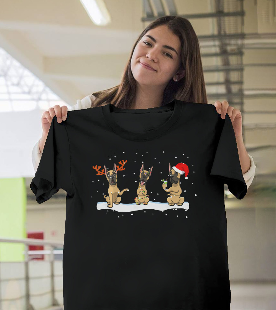 Great Dane Reindeer Santa Hat and Fairy Lights Christmas Scene T-Shirt