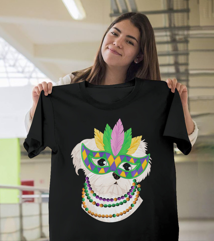 Maltese Dog with Colorful Mardi Gras Mask and Beaded Necklace T-Shirt