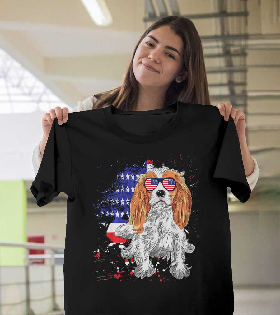 Funny Cavalier King Charles Spaniel American Flag Glasses T-Shirt