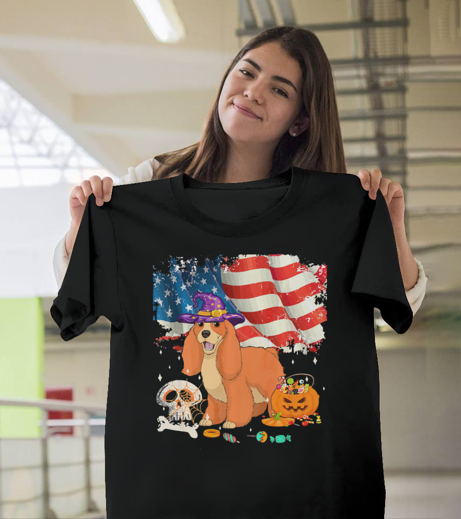 Cocker Spaniel Halloween Witch Dog with American Flag and Candy T-Shirt