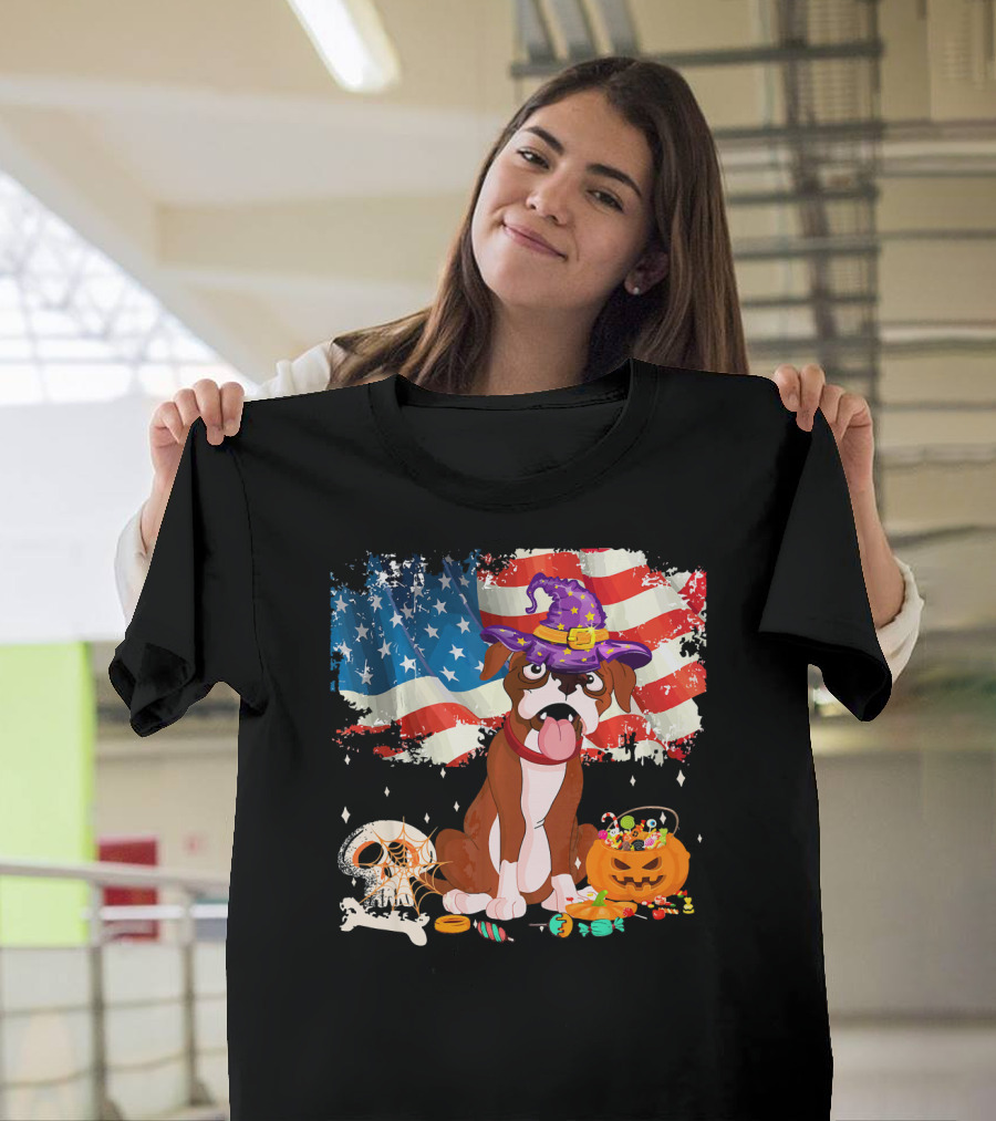 Funny Boxer Dog Halloween Wizard Hat American Flag T-Shirt