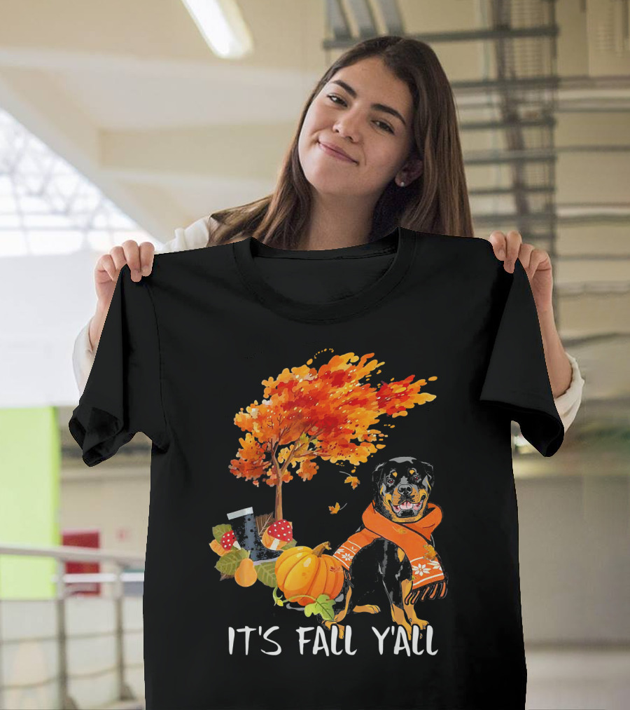 It's Fall Y'all Rottweiler with Pumpkin and Autumn Tree T-Shirt