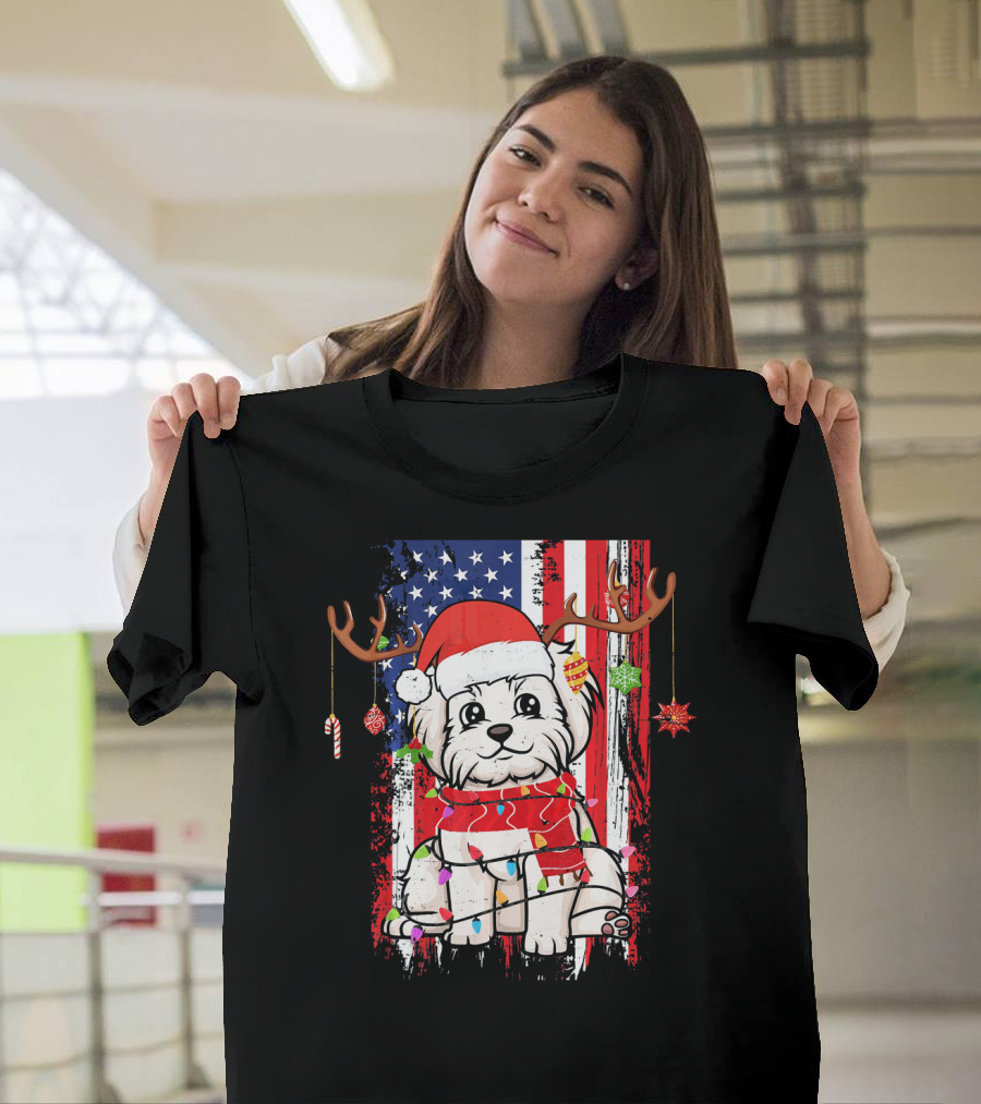Maltese Dog Christmas Santa Hat USA Flag Antlers Lights Tree Ornaments T-Shirt
