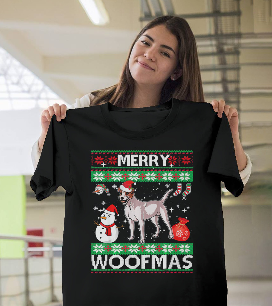 Jack Russell Terrier Dog Merry Woofmas Ugly Christmas Sweater Style Snowman Santa Hat T-Shirt
