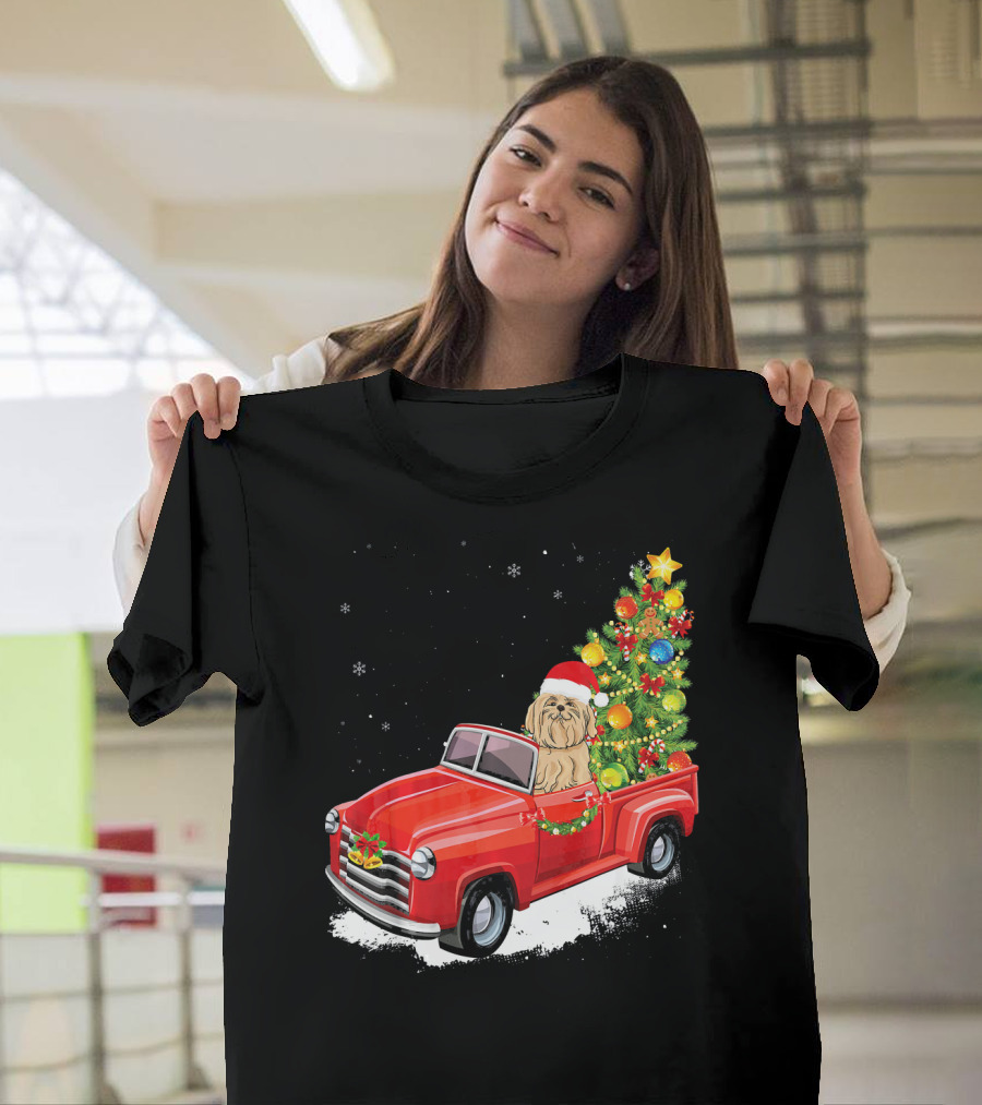 Maltese Merry Christmas Dog in Red Truck with Christmas Tree T-Shirt
