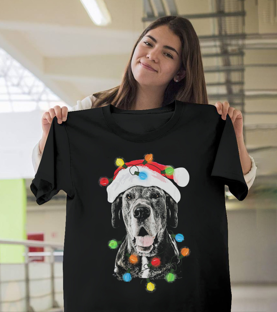 Santa Hat Great Dane with Christmas Lights T-Shirt