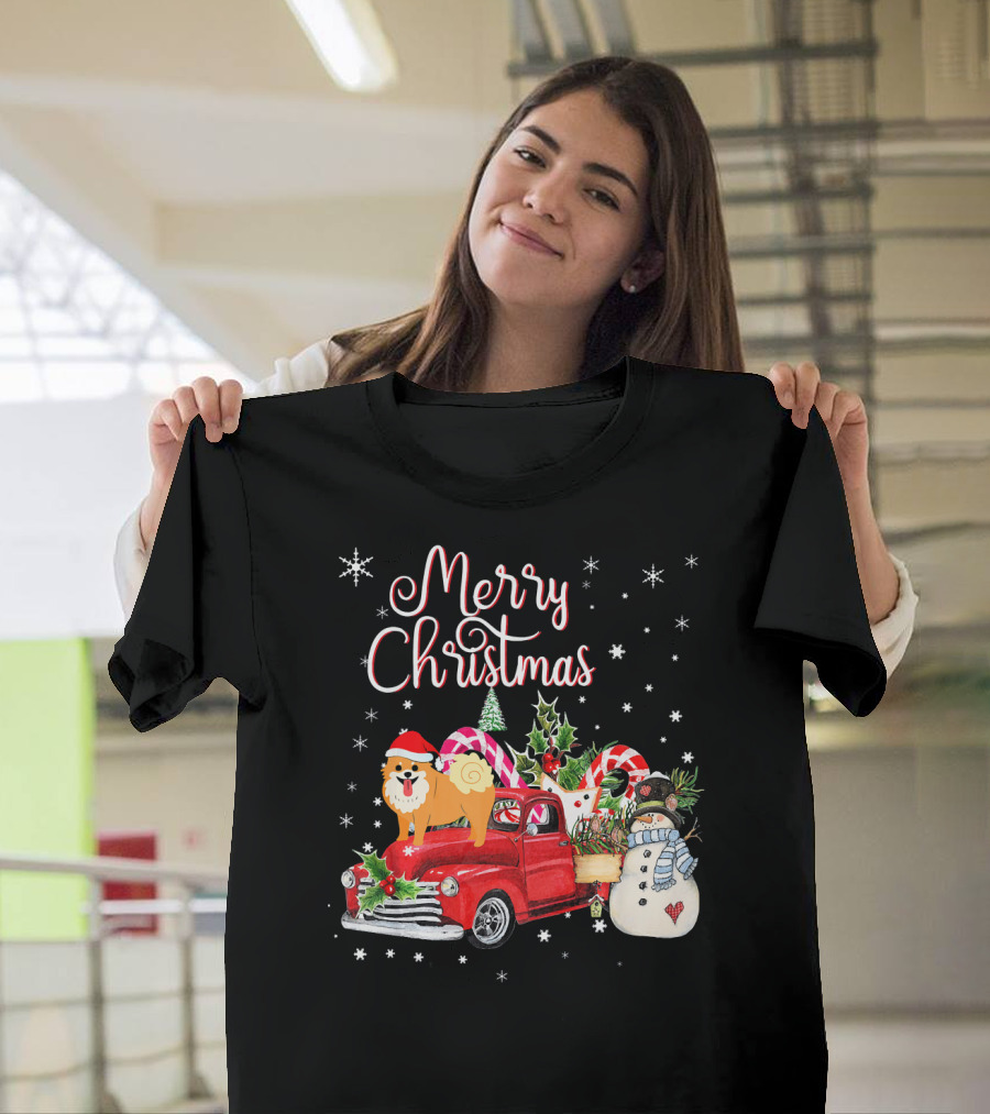 Merry Christmas Funny Pomeranian Riding Red Truck with Snowman and Candy Canes T-Shirt