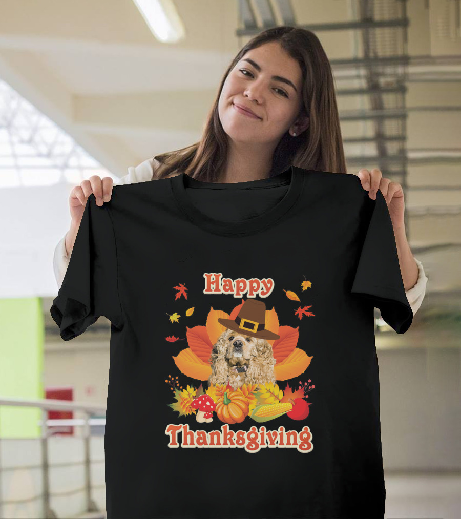 Happy Thanksgiving American Cocker Spani with Pilgrim Hat and Autumn Harvest Elements T-Shirt