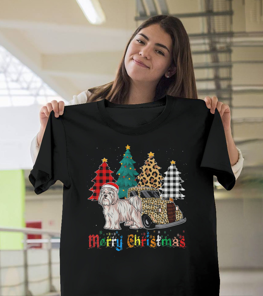 Merry Christmas Maltese Leopard Plaid Truck Trees T-Shirt