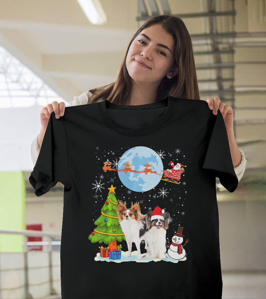 Papillon Christmas Moon with Santa and Reindeer Sleigh T-Shirt