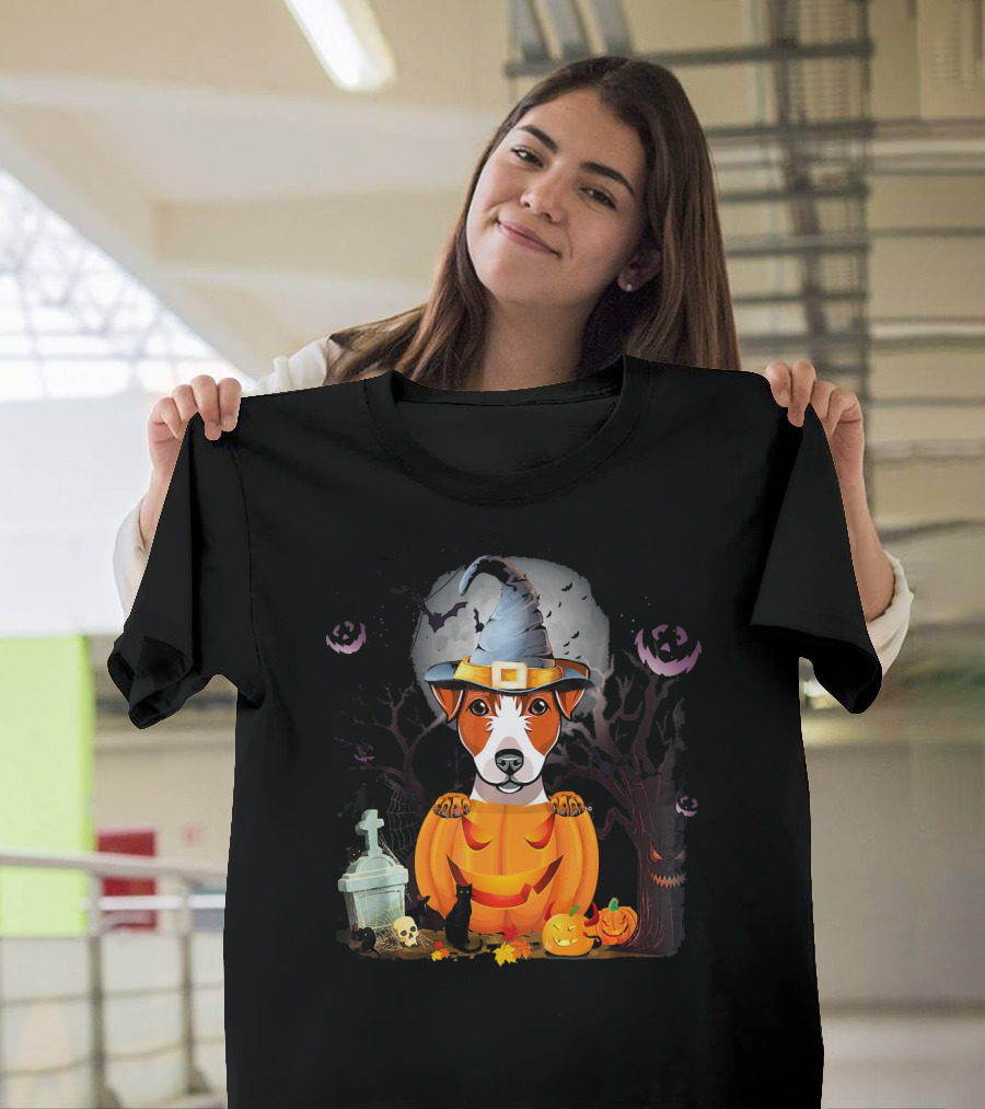 Jack Russell Dog Witch Hat Halloween Pumpkin T-Shirt