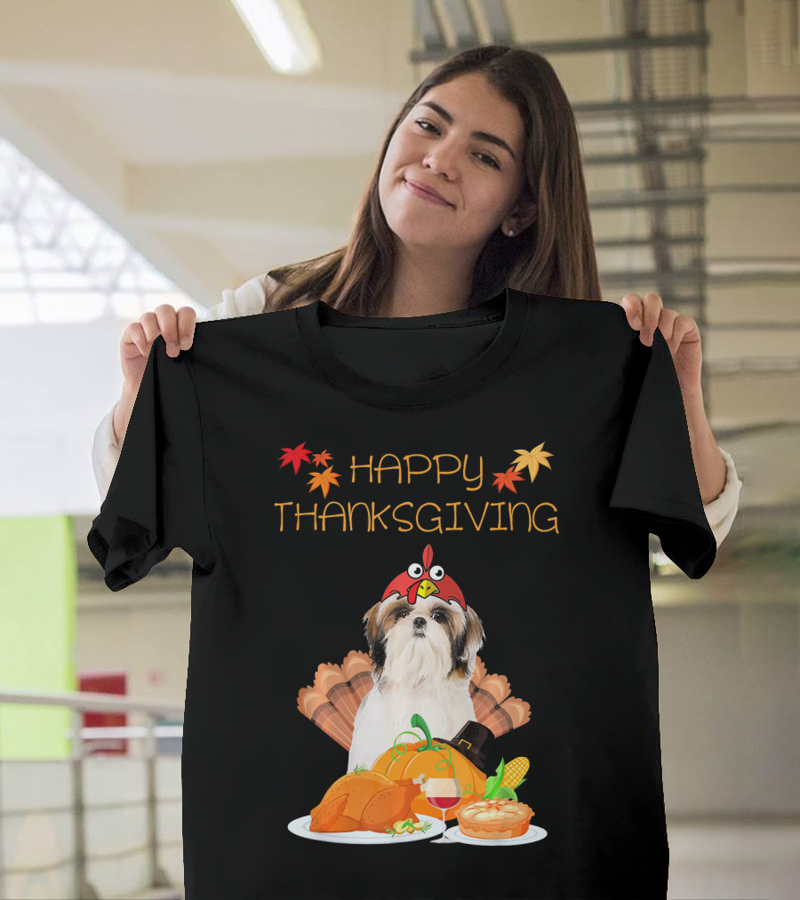 Happy Thanksgiving Shih Tzu with Turkey and Fall Harvest T-Shirt