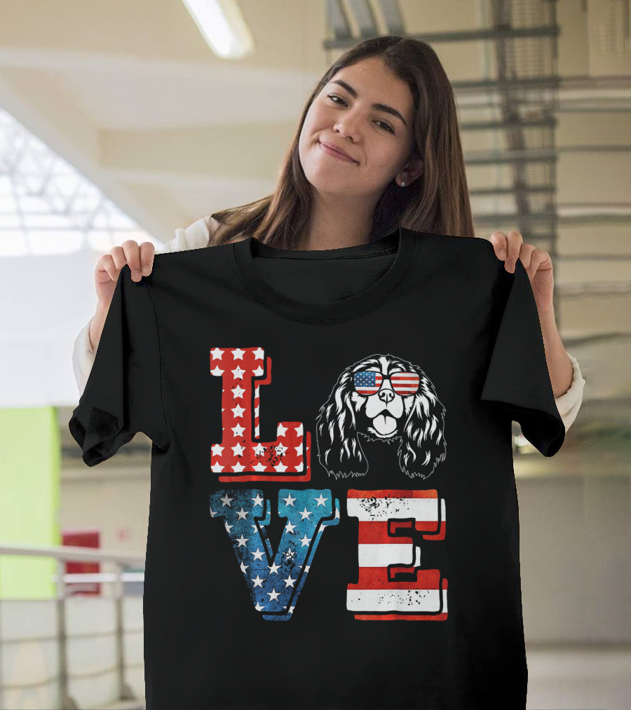 LOVE Cavalier King Charles Spaniel American Flag USA Stars Stripes Sunglasses T-Shirt
