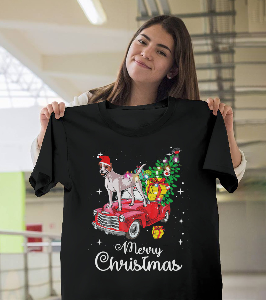 Merry Christmas Jack Russell Terrier Rides Red Truck with Presents T-Shirt