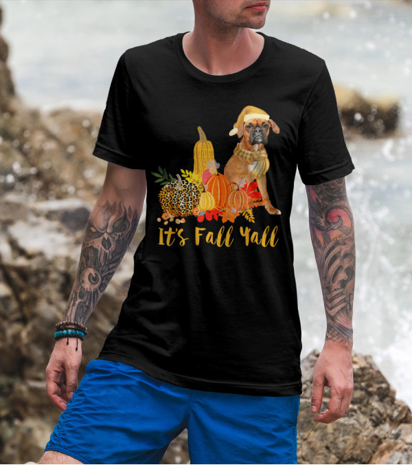 It's Fall Y'all Boxer Dog With Leopard Pattern Pumpkin And Autumn Leaves T-Shirt