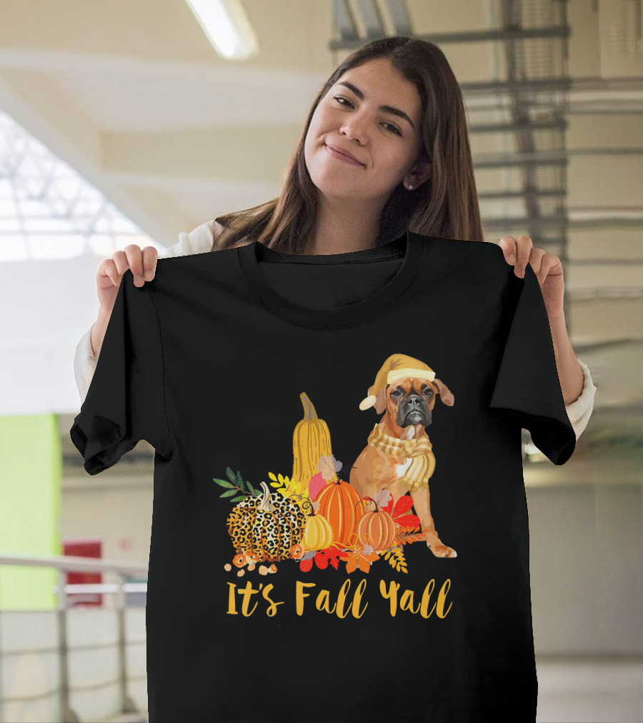 It's Fall Y'all Boxer Dog with Leopard Pattern Pumpkin and Autumn Leaves T-Shirt