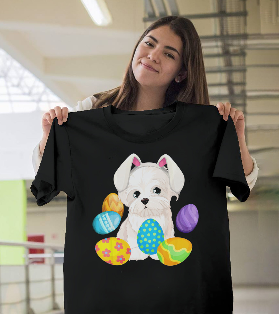 Maltese Puppy with Bunny Ears Surrounded by Colorful Easter Eggs T-Shirt