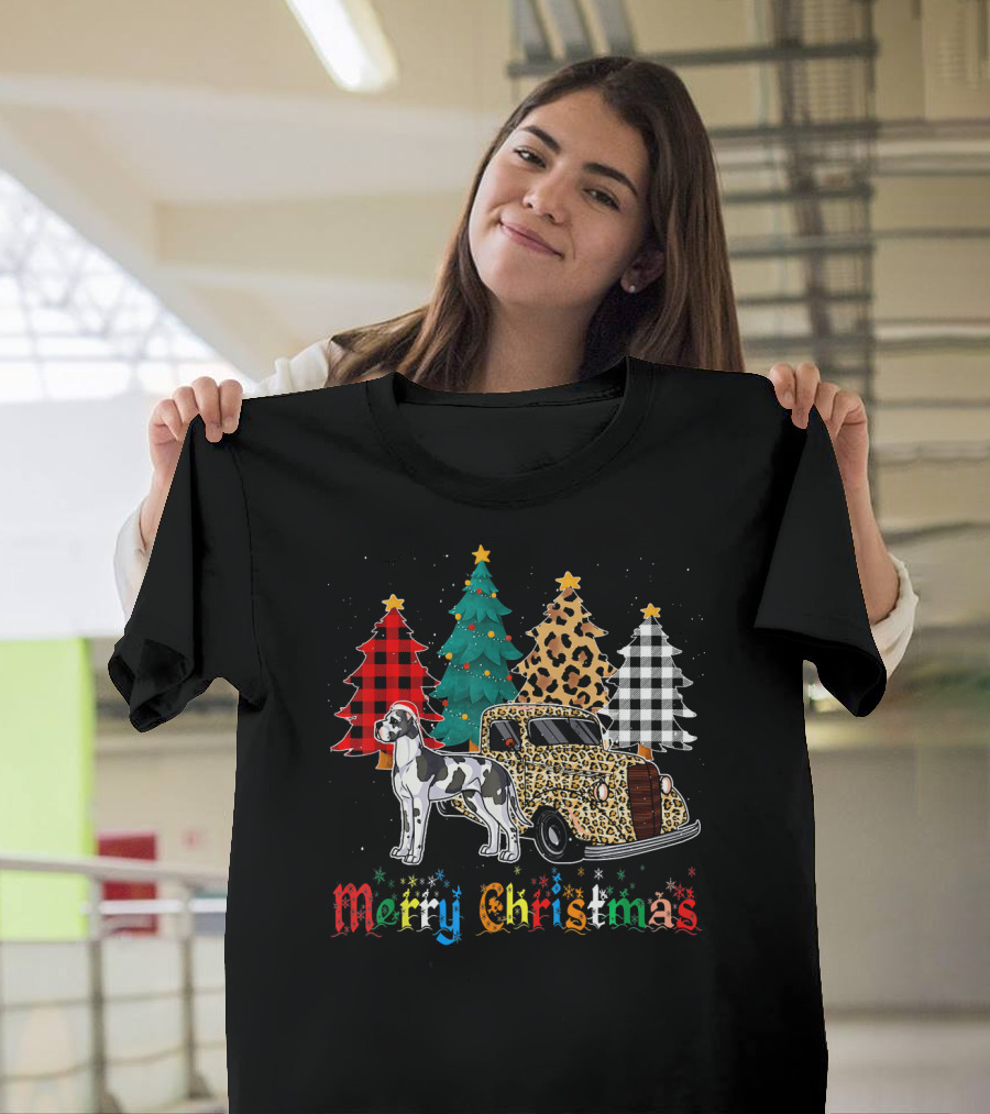 Merry Christmas Great Dane Leopard Plaid Truck and Trees T-Shirt