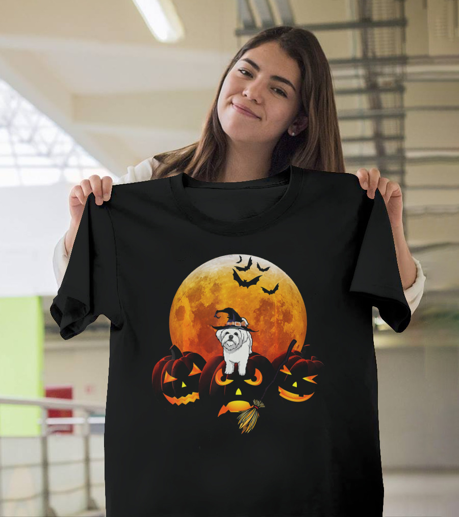 Maltese Halloween Full Moon Pumpkins and Witch T-Shirt