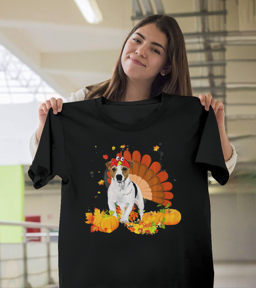 Jack Russell Terrier with Turkey Hat and Autumn Pumpkins T-Shirt