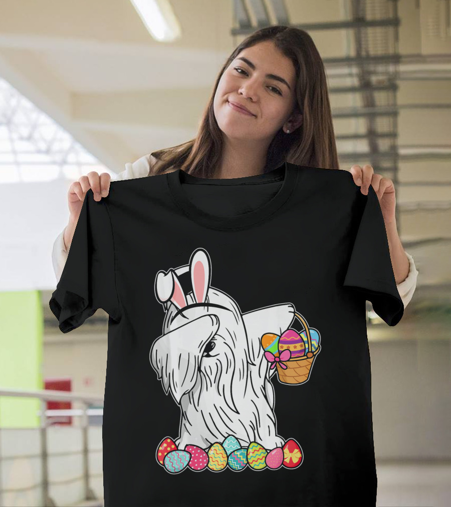 Maltese Dog Dabbing in Easter Bunny Costume with Basket of Eggs T-Shirt