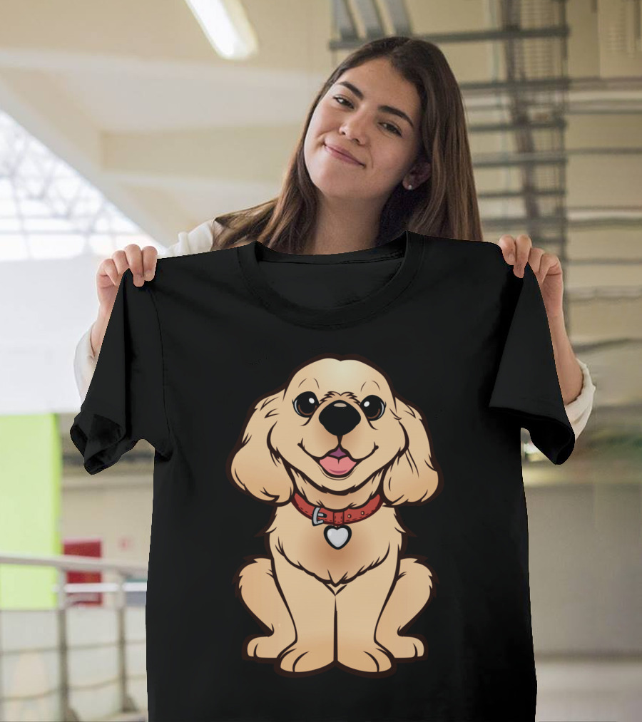 Long Sleeve Cockapoo Retriever Cartoon Puppy with Red Collar and Heart Tag T-Shirt