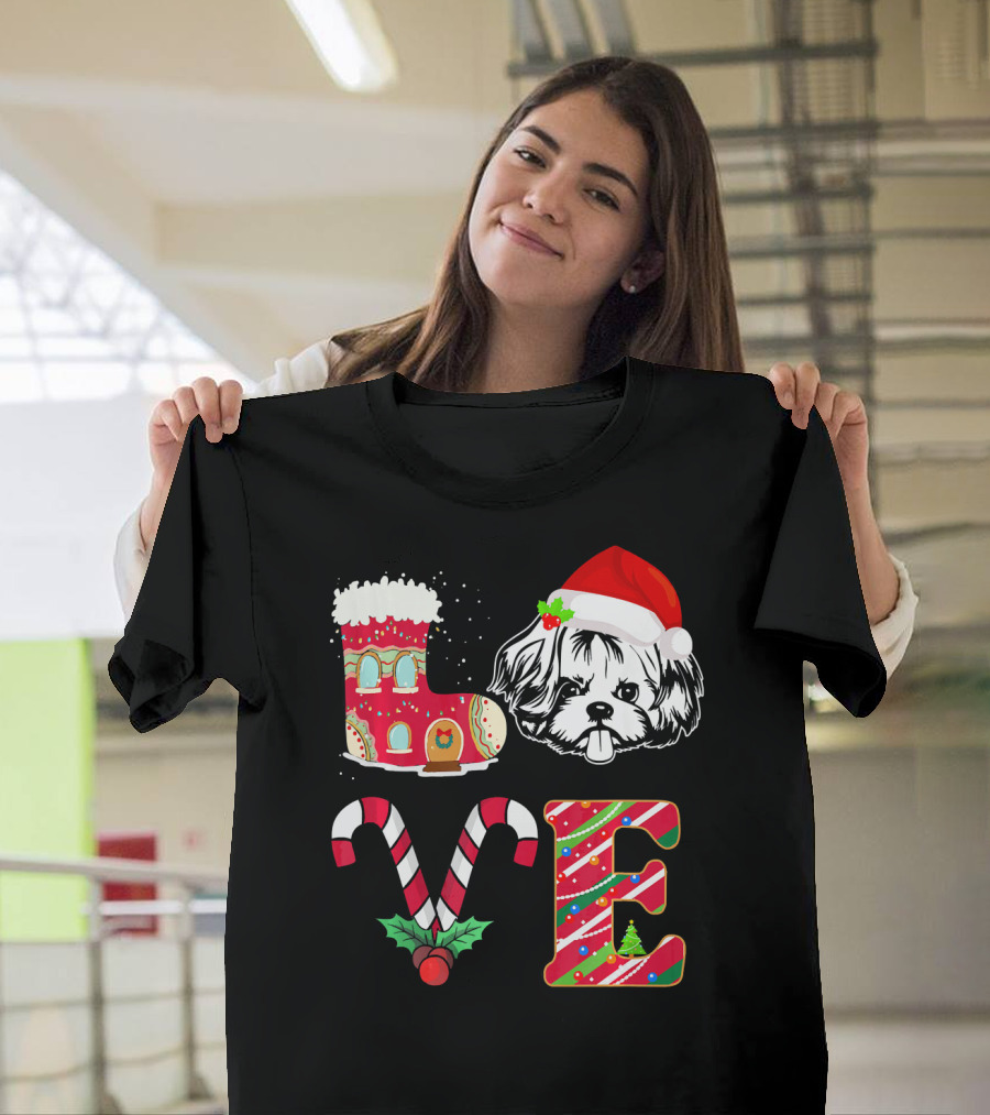 I Love My Shih Tzu Funny Christmas Shih with Santa Hat Candy Cane and Gingerbread House Boot T-Shirt