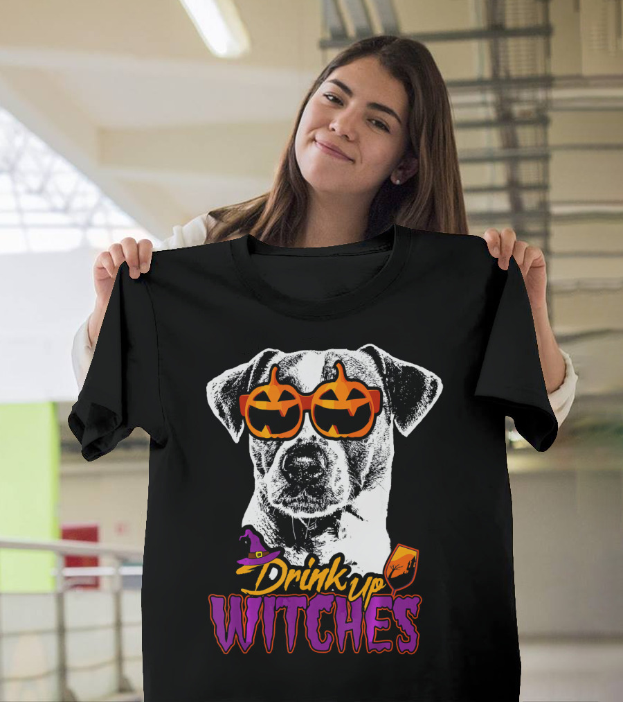 Jack Russell Terrier Drink Up Witches Halloween Pumpkin Glasses T-Shirt
