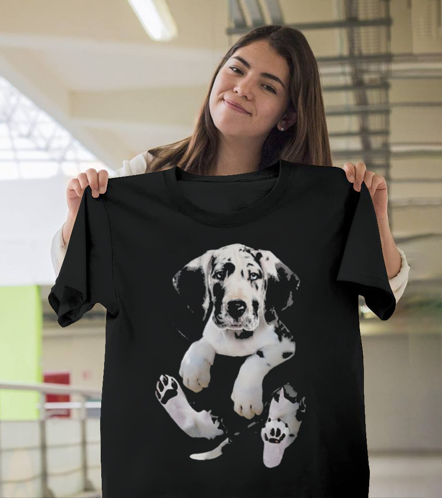 Harlequin Great Dane Puppy Inside Pocket Sitting Pose T-Shirt
