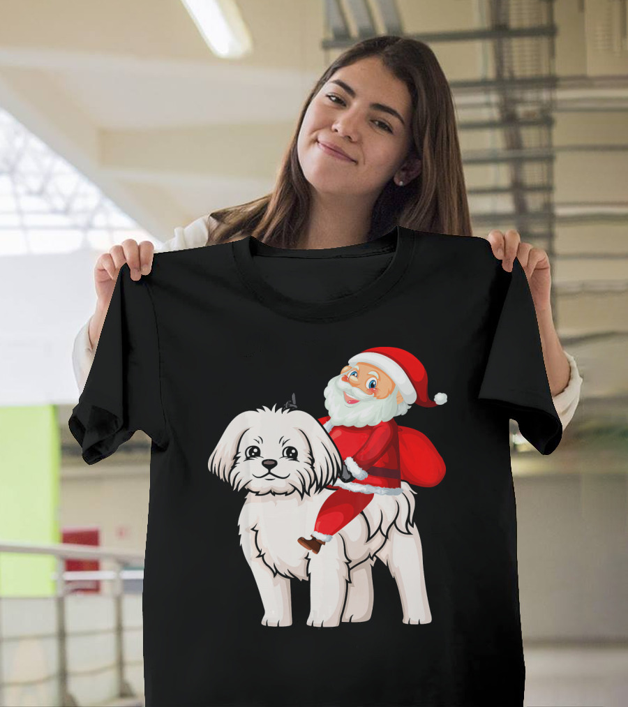 Maltese Dog with Santa Claus Christmas Scene T-Shirt