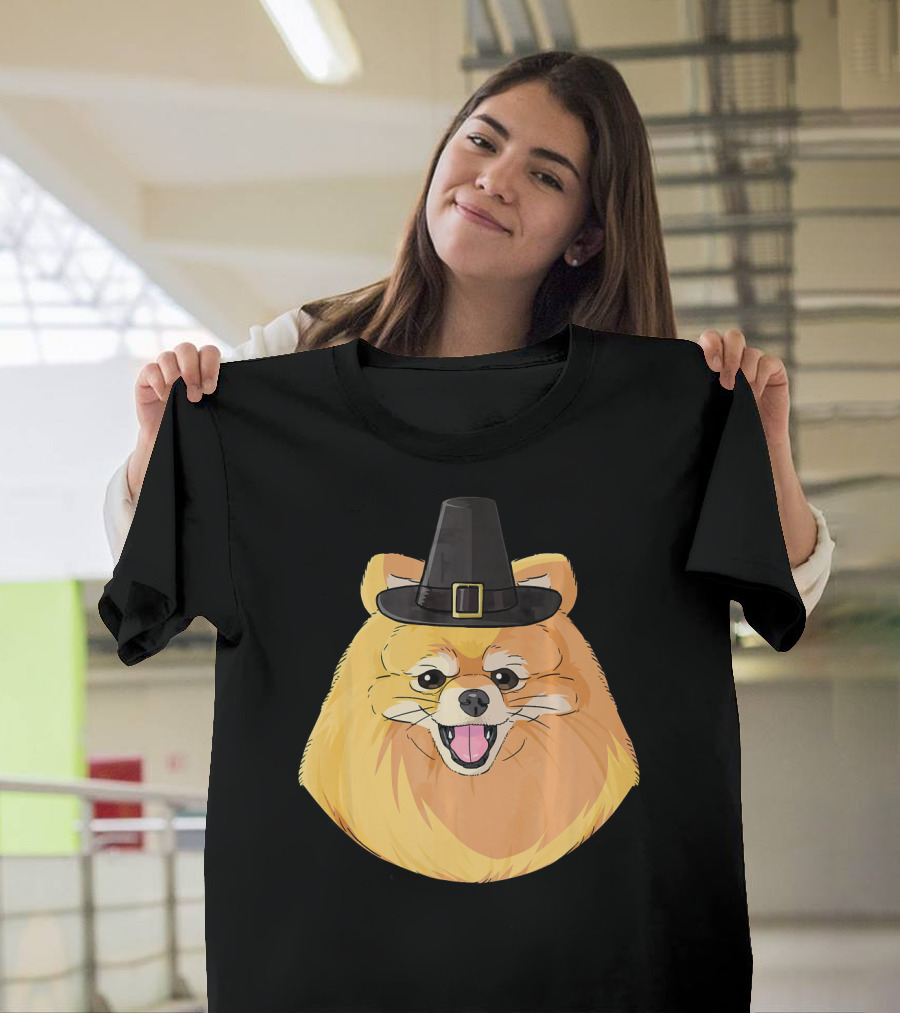 Happy Thanksgiving Pomeranian Pilgrim Hat Smiling Dog T-Shirt
