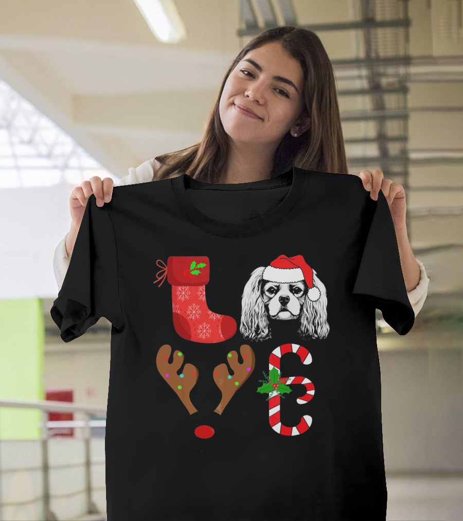 Love Cavalier King Charles Spaniel Santa Christmas Reindeer Candy Cane Stocking T-Shirt