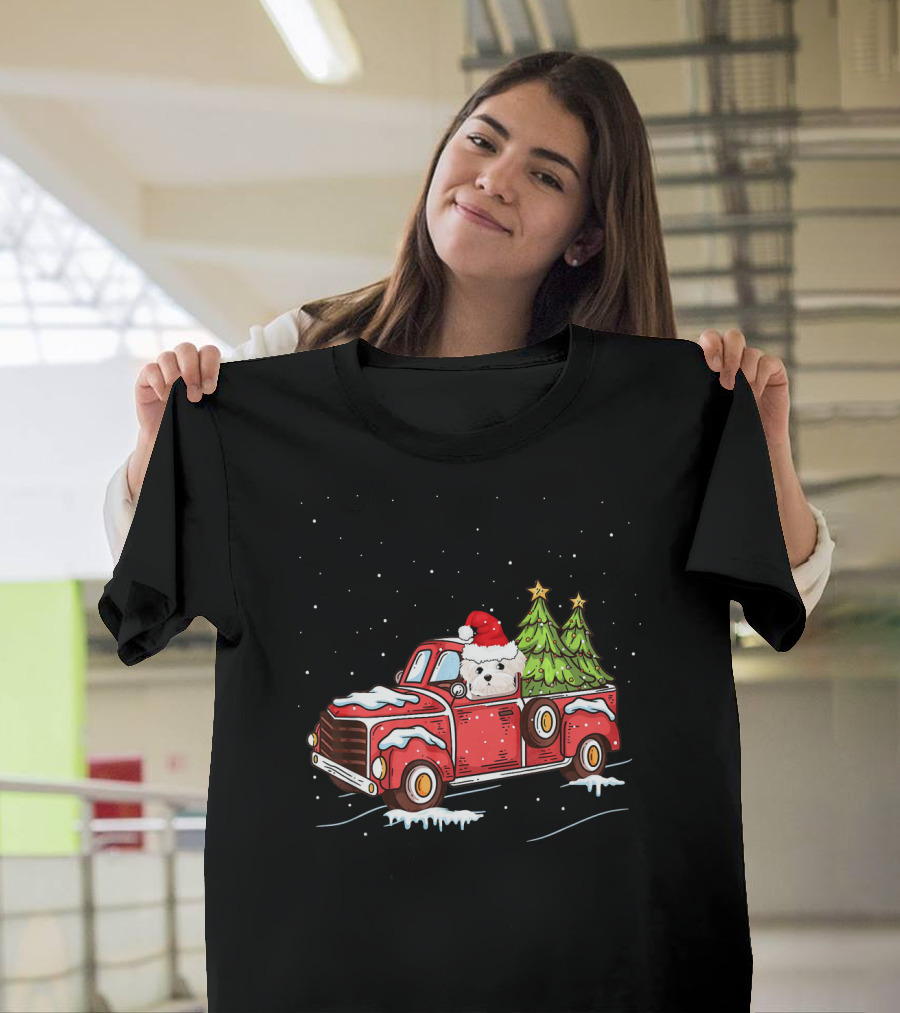 Maltese Dog Driving Red Truck with Christmas Trees and Santa Hat T-Shirt