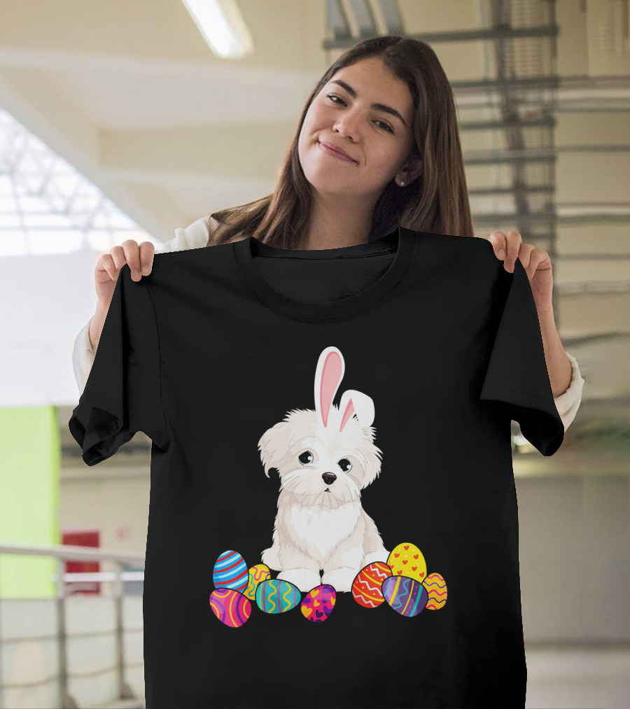 Maltese Puppy with Bunny Ears and Colorful Easter Eggs T-Shirt