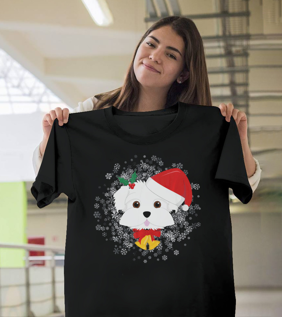 Maltese Christmas Dog with Santa Hat and Snowflakes T-Shirt