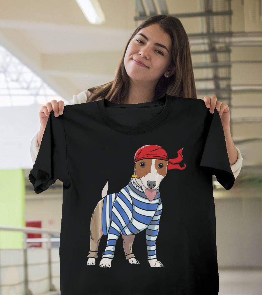 Jack Russell Terrier Dog Breeds as a Pirate with Red Bandana and Striped T-Shirt